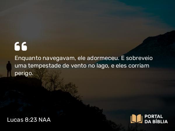 Lucas 8:23 NAA - Enquanto navegavam, ele adormeceu. E sobreveio uma tempestade de vento no lago, e eles corriam perigo.