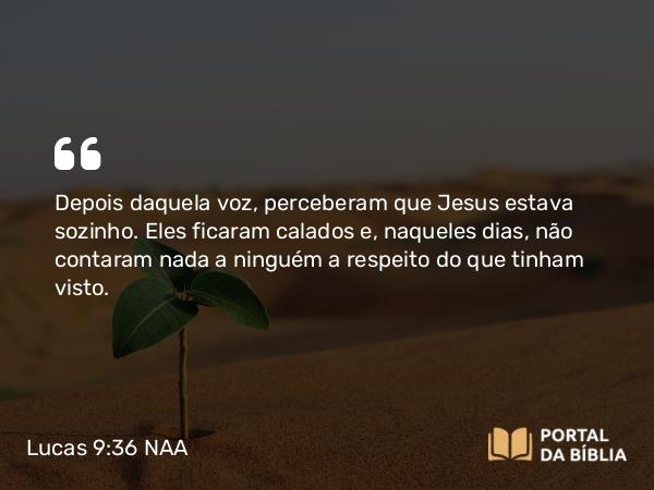 Lucas 9:36 NAA - Depois daquela voz, perceberam que Jesus estava sozinho. Eles ficaram calados e, naqueles dias, não contaram nada a ninguém a respeito do que tinham visto.