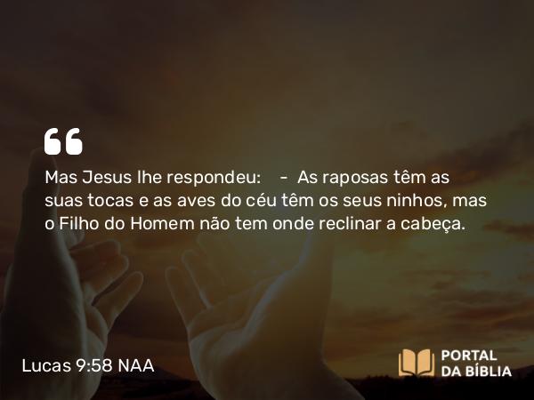 Lucas 9:58 NAA - Mas Jesus lhe respondeu: — As raposas têm as suas tocas e as aves do céu têm os seus ninhos, mas o Filho do Homem não tem onde reclinar a cabeça.