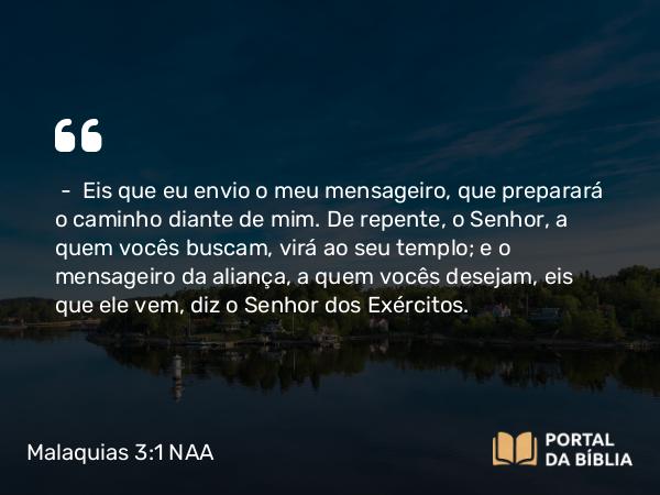 Malaquias 3:1 NAA - — Eis que eu envio o meu mensageiro, que preparará o caminho diante de mim. De repente, o Senhor, a quem vocês buscam, virá ao seu templo; e o mensageiro da aliança, a quem vocês desejam, eis que ele vem, diz o Senhor dos Exércitos.