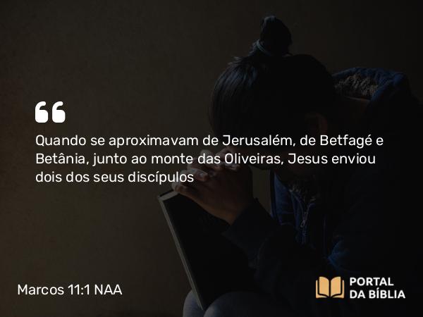 Marcos 11:1-10 NAA - Quando se aproximavam de Jerusalém, de Betfagé e Betânia, junto ao monte das Oliveiras, Jesus enviou dois dos seus discípulos