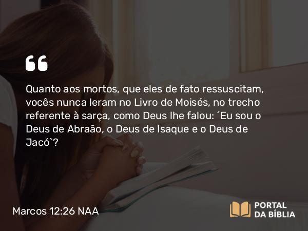 Marcos 12:26 NAA - Quanto aos mortos, que eles de fato ressuscitam, vocês nunca leram no Livro de Moisés, no trecho referente à sarça, como Deus lhe falou: 