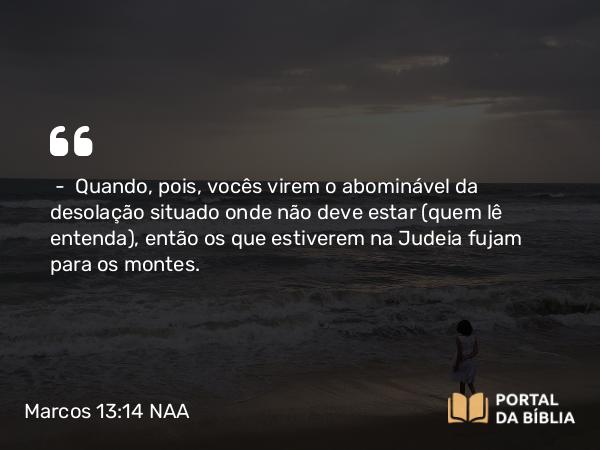 Marcos 13:14 NAA - — Quando, pois, vocês virem o abominável da desolação situado onde não deve estar (quem lê entenda), então os que estiverem na Judeia fujam para os montes.