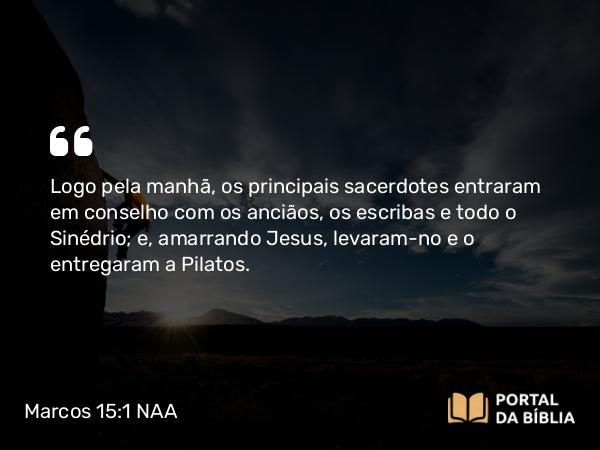 Marcos 15:1-15 NAA - Logo pela manhã, os principais sacerdotes entraram em conselho com os anciãos, os escribas e todo o Sinédrio; e, amarrando Jesus, levaram-no e o entregaram a Pilatos.