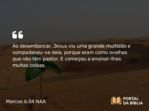 Marcos 6:34 NAA - Ao desembarcar, Jesus viu uma grande multidão e compadeceu-se dela, porque eram como ovelhas que não têm pastor. E começou a ensinar-lhes muitas coisas.