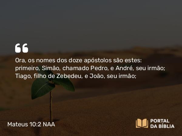 Mateus 10:2-4 NAA - Ora, os nomes dos doze apóstolos são estes: primeiro, Simão, chamado Pedro, e André, seu irmão; Tiago, filho de Zebedeu, e João, seu irmão;