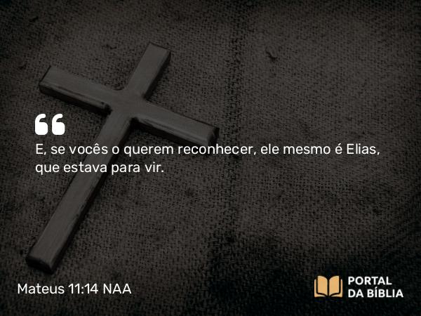 Mateus 11:14 NAA - E, se vocês o querem reconhecer, ele mesmo é Elias, que estava para vir.