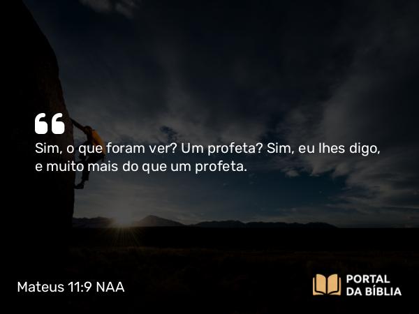 Mateus 11:9 NAA - Sim, o que foram ver? Um profeta? Sim, eu lhes digo, e muito mais do que um profeta.