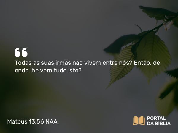 Mateus 13:56 NAA - Todas as suas irmãs não vivem entre nós? Então, de onde lhe vem tudo isto?