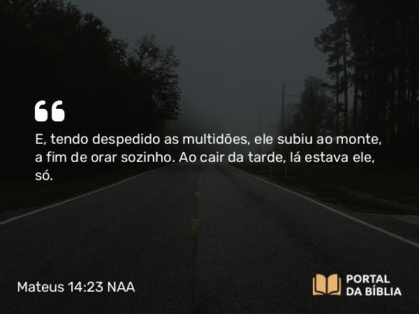 Mateus 14:23 NAA - E, tendo despedido as multidões, ele subiu ao monte, a fim de orar sozinho. Ao cair da tarde, lá estava ele, só.