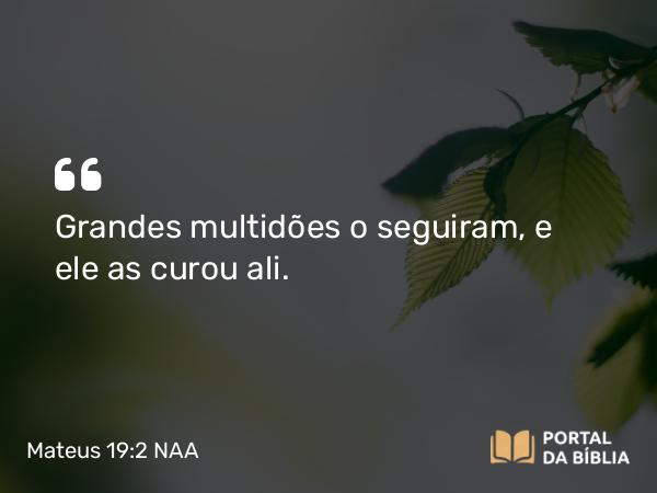 Mateus 19:2 NAA - Grandes multidões o seguiram, e ele as curou ali.