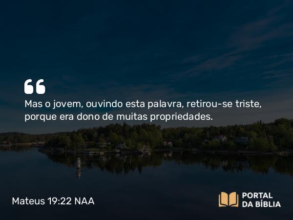 Mateus 19:22 NAA - Mas o jovem, ouvindo esta palavra, retirou-se triste, porque era dono de muitas propriedades.