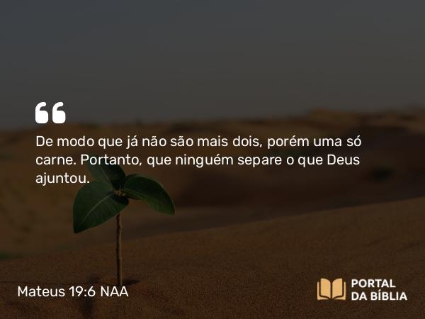 Mateus 19:6 NAA - De modo que já não são mais dois, porém uma só carne. Portanto, que ninguém separe o que Deus ajuntou.