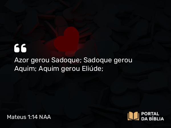 Mateus 1:14 NAA - Azor gerou Sadoque; Sadoque gerou Aquim; Aquim gerou Eliúde;