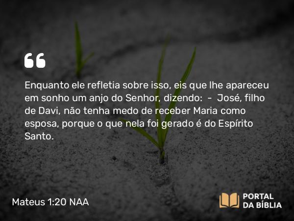 Mateus 1:20-25 NAA - Enquanto ele refletia sobre isso, eis que lhe apareceu em sonho um anjo do Senhor, dizendo: — José, filho de Davi, não tenha medo de receber Maria como esposa, porque o que nela foi gerado é do Espírito Santo.