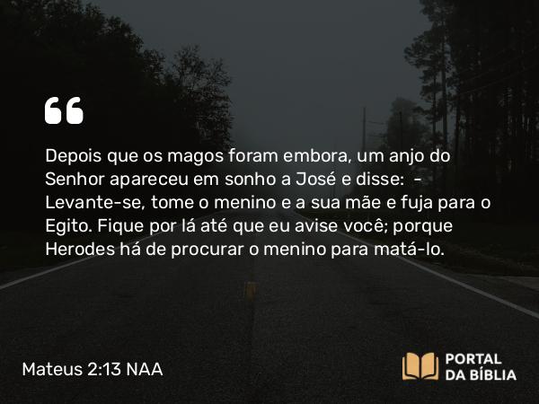 Mateus 2:13-14 NAA - Depois que os magos foram embora, um anjo do Senhor apareceu em sonho a José e disse: — Levante-se, tome o menino e a sua mãe e fuja para o Egito. Fique por lá até que eu avise você; porque Herodes há de procurar o menino para matá-lo.