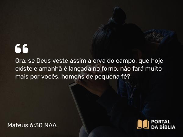 Mateus 6:30 NAA - Ora, se Deus veste assim a erva do campo, que hoje existe e amanhã é lançada no forno, não fará muito mais por vocês, homens de pequena fé?