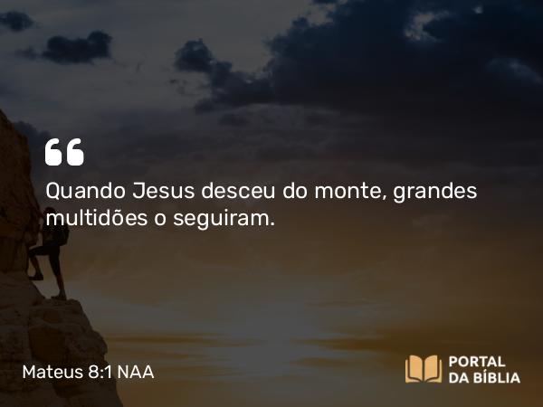 Mateus 8:1-4 NAA - Quando Jesus desceu do monte, grandes multidões o seguiram.