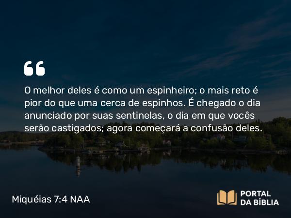 Miquéias 7:4 NAA - O melhor deles é como um espinheiro; o mais reto é pior do que uma cerca de espinhos. É chegado o dia anunciado por suas sentinelas, o dia em que vocês serão castigados; agora começará a confusão deles.