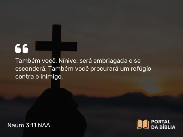 Naum 3:11 NAA - Também você, Nínive, será embriagada e se esconderá. Também você procurará um refúgio contra o inimigo.