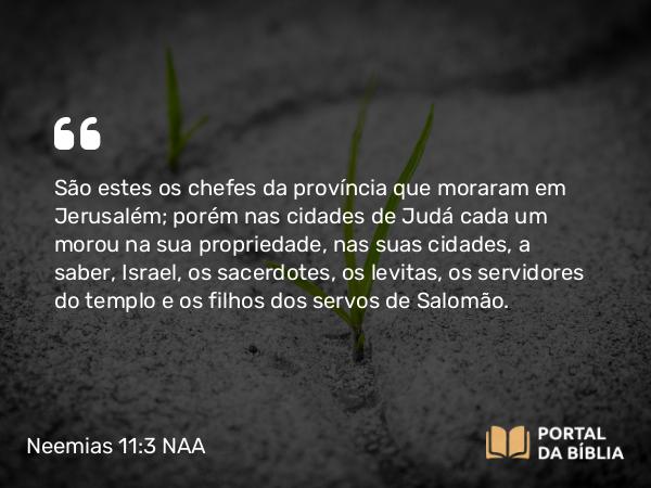 Neemias 11:3-4 NAA - São estes os chefes da província que moraram em Jerusalém; porém nas cidades de Judá cada um morou na sua propriedade, nas suas cidades, a saber, Israel, os sacerdotes, os levitas, os servidores do templo e os filhos dos servos de Salomão.