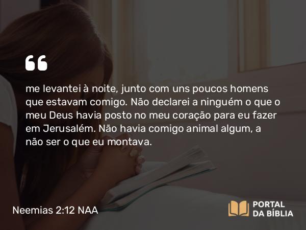 Neemias 2:12 NAA - me levantei à noite, junto com uns poucos homens que estavam comigo. Não declarei a ninguém o que o meu Deus havia posto no meu coração para eu fazer em Jerusalém. Não havia comigo animal algum, a não ser o que eu montava.