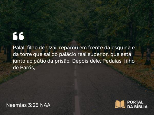 Neemias 3:25 NAA - Palal, filho de Uzai, reparou em frente da esquina e da torre que sai do palácio real superior, que está junto ao pátio da prisão. Depois dele, Pedaías, filho de Parós,