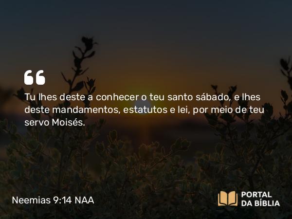 Neemias 9:14 NAA - Tu lhes deste a conhecer o teu santo sábado, e lhes deste mandamentos, estatutos e lei, por meio de teu servo Moisés.