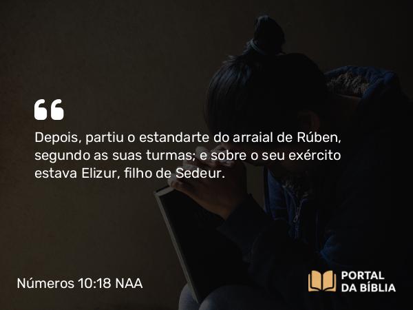 Números 10:18 NAA - Depois, partiu o estandarte do arraial de Rúben, segundo as suas turmas; e sobre o seu exército estava Elizur, filho de Sedeur.