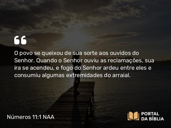 Números 11:1 NAA - O povo se queixou de sua sorte aos ouvidos do Senhor. Quando o Senhor ouviu as reclamações, sua ira se acendeu, e fogo do Senhor ardeu entre eles e consumiu algumas extremidades do arraial.