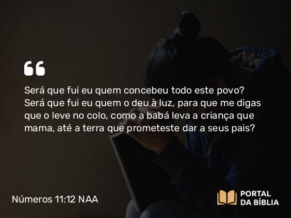 Números 11:12 NAA - Será que fui eu quem concebeu todo este povo? Será que fui eu quem o deu à luz, para que me digas que o leve no colo, como a babá leva a criança que mama, até a terra que prometeste dar a seus pais?