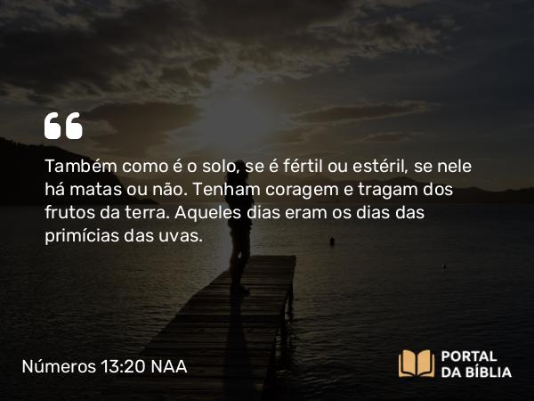 Números 13:20 NAA - Também como é o solo, se é fértil ou estéril, se nele há matas ou não. Tenham coragem e tragam dos frutos da terra. Aqueles dias eram os dias das primícias das uvas.