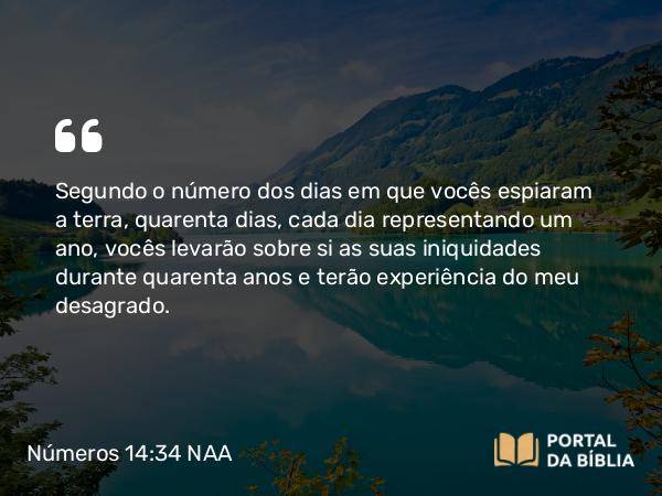 Números 14:34 NAA - Segundo o número dos dias em que vocês espiaram a terra, quarenta dias, cada dia representando um ano, vocês levarão sobre si as suas iniquidades durante quarenta anos e terão experiência do meu desagrado.