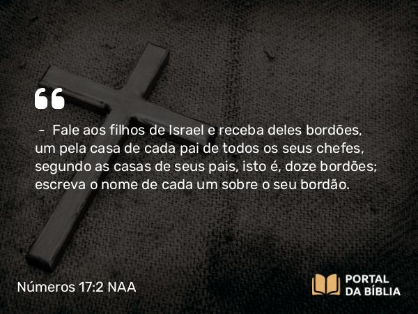 Números 17:2 NAA - — Fale aos filhos de Israel e receba deles bordões, um pela casa de cada pai de todos os seus chefes, segundo as casas de seus pais, isto é, doze bordões; escreva o nome de cada um sobre o seu bordão.