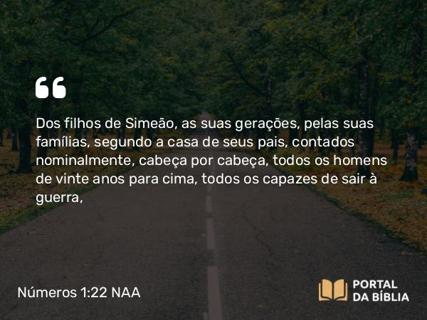 Números 1:22 NAA - Dos filhos de Simeão, as suas gerações, pelas suas famílias, segundo a casa de seus pais, contados nominalmente, cabeça por cabeça, todos os homens de vinte anos para cima, todos os capazes de sair à guerra,