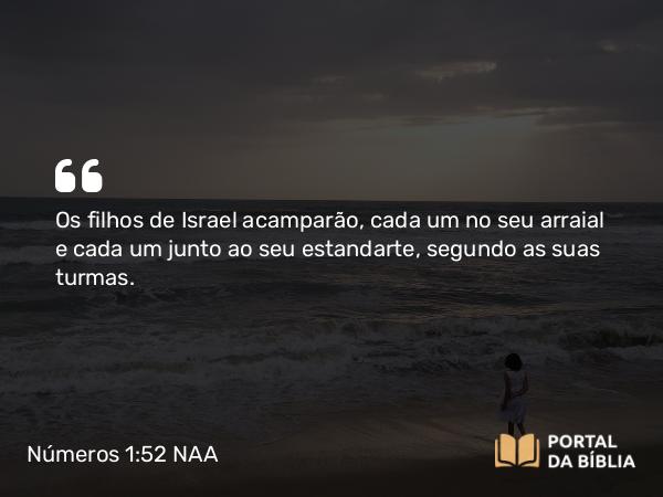 Números 1:52 NAA - Os filhos de Israel acamparão, cada um no seu arraial e cada um junto ao seu estandarte, segundo as suas turmas.