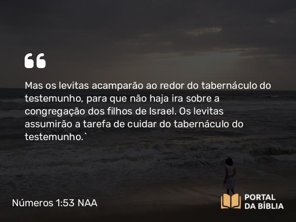 Números 1:53 NAA - Mas os levitas acamparão ao redor do tabernáculo do testemunho, para que não haja ira sobre a congregação dos filhos de Israel. Os levitas assumirão a tarefa de cuidar do tabernáculo do testemunho.