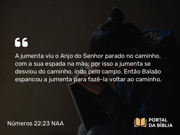 Números 22:23 NAA - A jumenta viu o Anjo do Senhor parado no caminho, com a sua espada na mão; por isso a jumenta se desviou do caminho, indo pelo campo. Então Balaão espancou a jumenta para fazê-la voltar ao caminho.