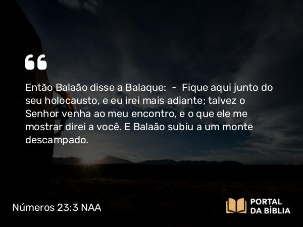 Números 23:3 NAA - Então Balaão disse a Balaque: — Fique aqui junto do seu holocausto, e eu irei mais adiante; talvez o Senhor venha ao meu encontro, e o que ele me mostrar direi a você. E Balaão subiu a um monte descampado.