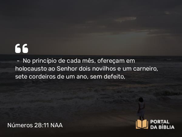 Números 28:11-15 NAA - — No princípio de cada mês, ofereçam em holocausto ao Senhor dois novilhos e um carneiro, sete cordeiros de um ano, sem defeito,