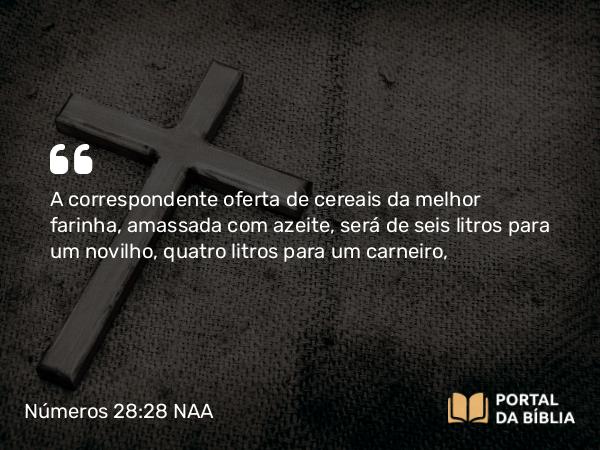 Números 28:28 NAA - A correspondente oferta de cereais da melhor farinha, amassada com azeite, será de seis litros para um novilho, quatro litros para um carneiro,