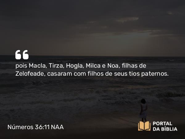 Números 36:11 NAA - pois Macla, Tirza, Hogla, Milca e Noa, filhas de Zelofeade, casaram com filhos de seus tios paternos.