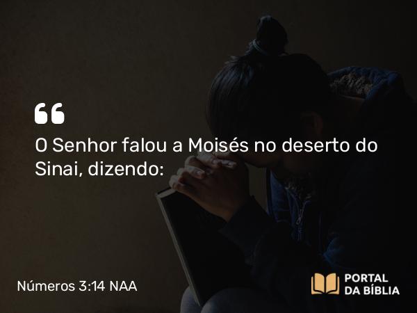 Números 3:14 NAA - O Senhor falou a Moisés no deserto do Sinai, dizendo: