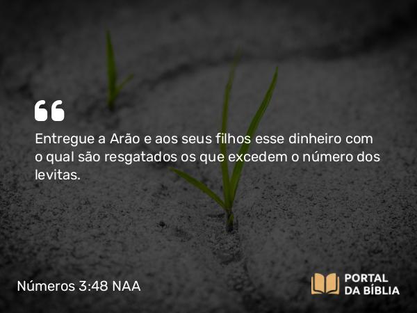 Números 3:48 NAA - Entregue a Arão e aos seus filhos esse dinheiro com o qual são resgatados os que excedem o número dos levitas.