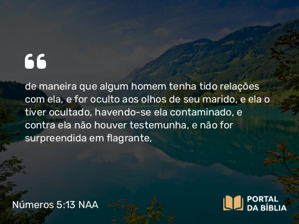 Números 5:13 NAA - de maneira que algum homem tenha tido relações com ela, e for oculto aos olhos de seu marido, e ela o tiver ocultado, havendo-se ela contaminado, e contra ela não houver testemunha, e não for surpreendida em flagrante,