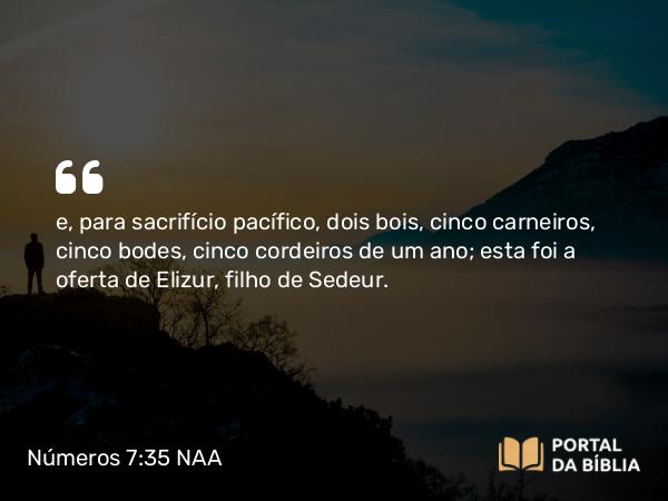 Números 7:35 NAA - e, para sacrifício pacífico, dois bois, cinco carneiros, cinco bodes, cinco cordeiros de um ano; esta foi a oferta de Elizur, filho de Sedeur.