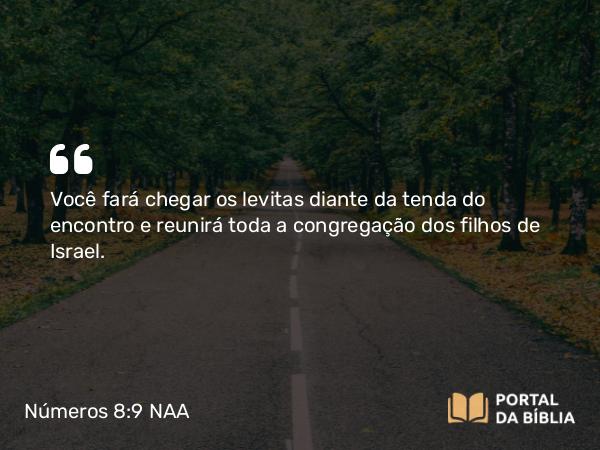 Números 8:9 NAA - Você fará chegar os levitas diante da tenda do encontro e reunirá toda a congregação dos filhos de Israel.