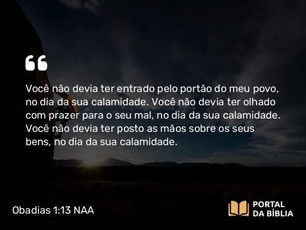 Obadias 1:13 NAA - Você não devia ter entrado pelo portão do meu povo, no dia da sua calamidade. Você não devia ter olhado com prazer para o seu mal, no dia da sua calamidade. Você não devia ter posto as mãos sobre os seus bens, no dia da sua calamidade.