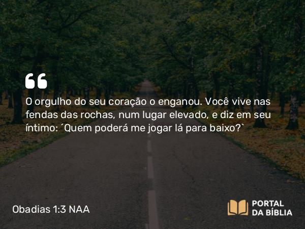 Obadias 1:3 NAA - O orgulho do seu coração o enganou. Você vive nas fendas das rochas, num lugar elevado, e diz em seu íntimo: ‘Quem poderá me jogar lá para baixo?’