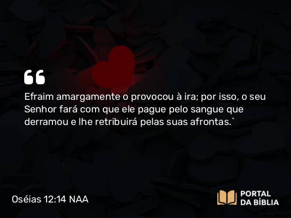 Oséias 12:14 NAA - Efraim amargamente o provocou à ira; por isso, o seu Senhor fará com que ele pague pelo sangue que derramou e lhe retribuirá pelas suas afrontas.